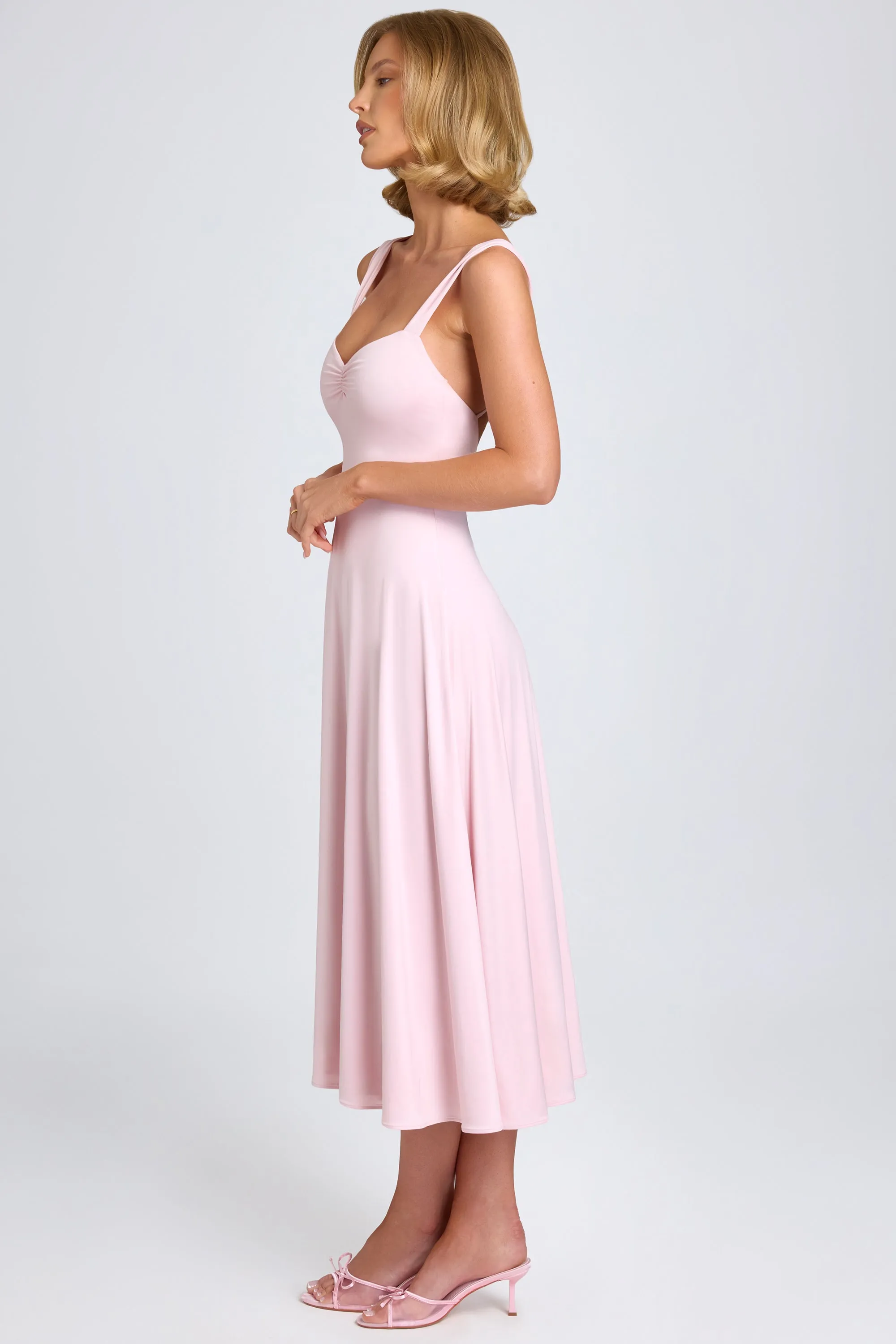 Rich Tone Sweetheart-Neck Ruched Midaxi Dress in Blush