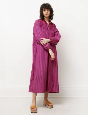 Shirt Dress with Gathered Sleeves Striped Pink Casual Style Zero Core