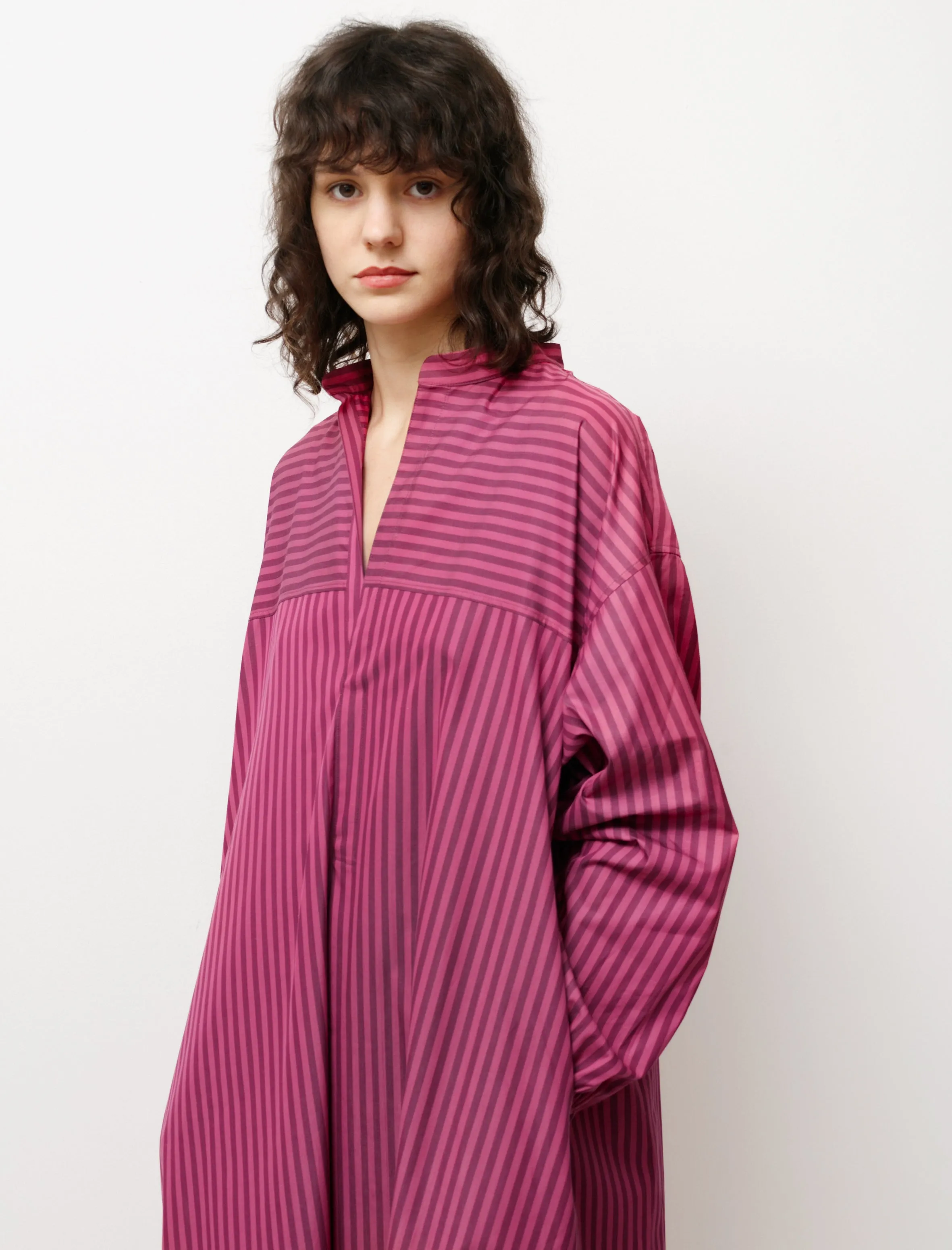 AntiSnagTechnology Shirt Dress with Gathered Sleeves Striped Pink