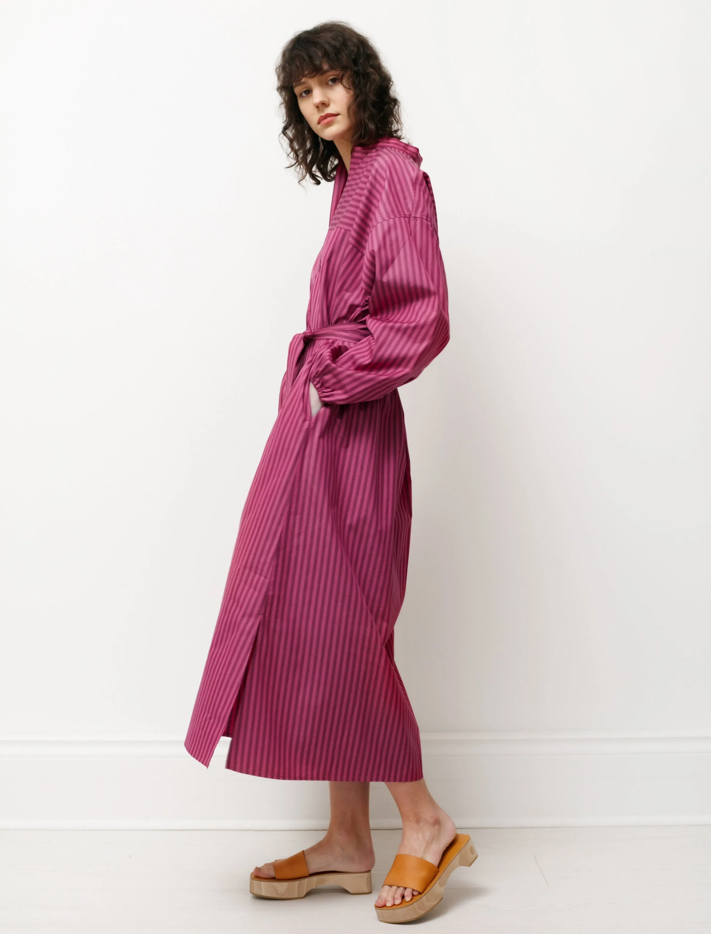 Shirt Dress with Gathered Sleeves Striped Pink American Ease