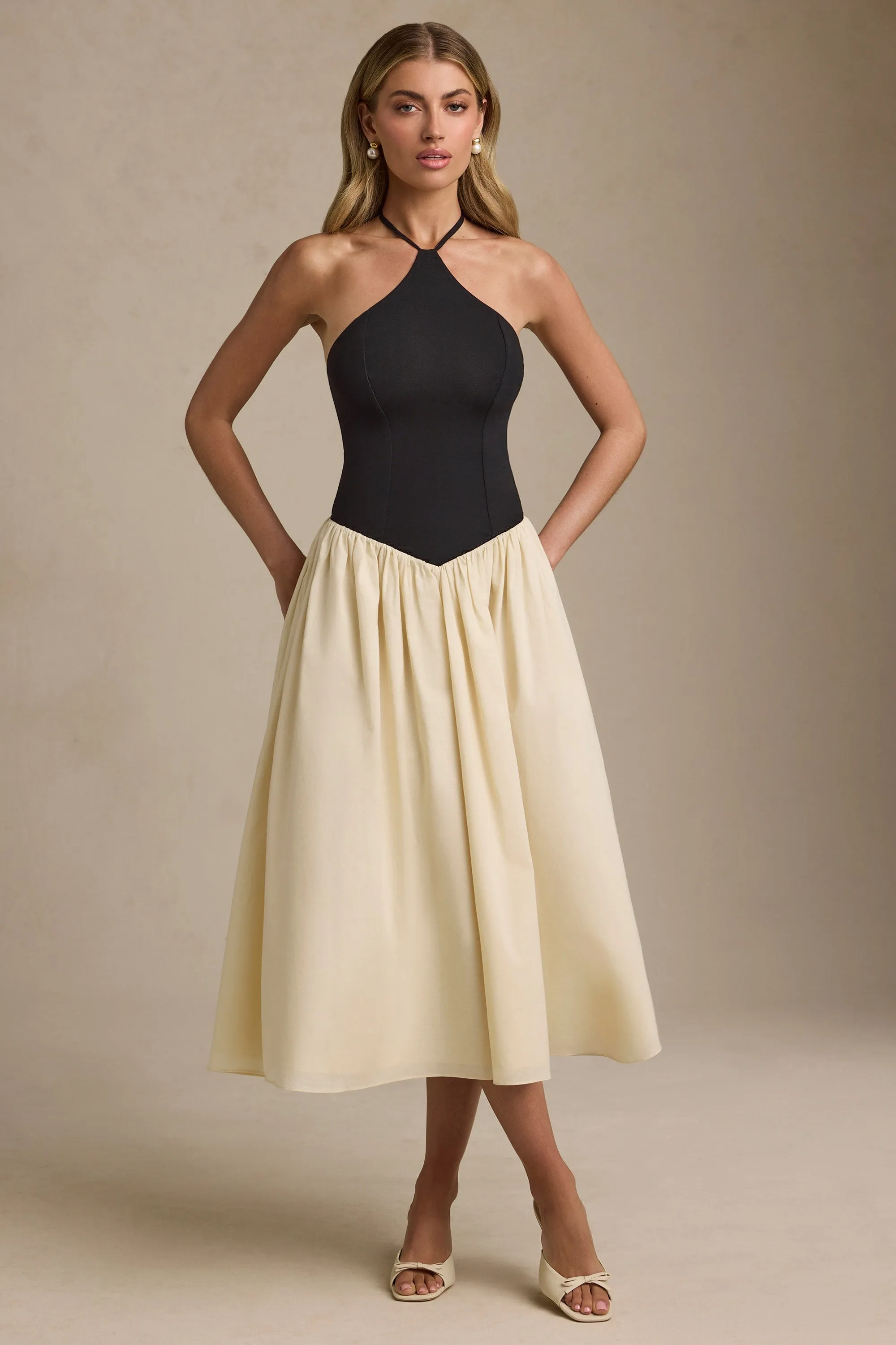 Halterneck A-Line Midaxi Dress in Black Joyful Mood