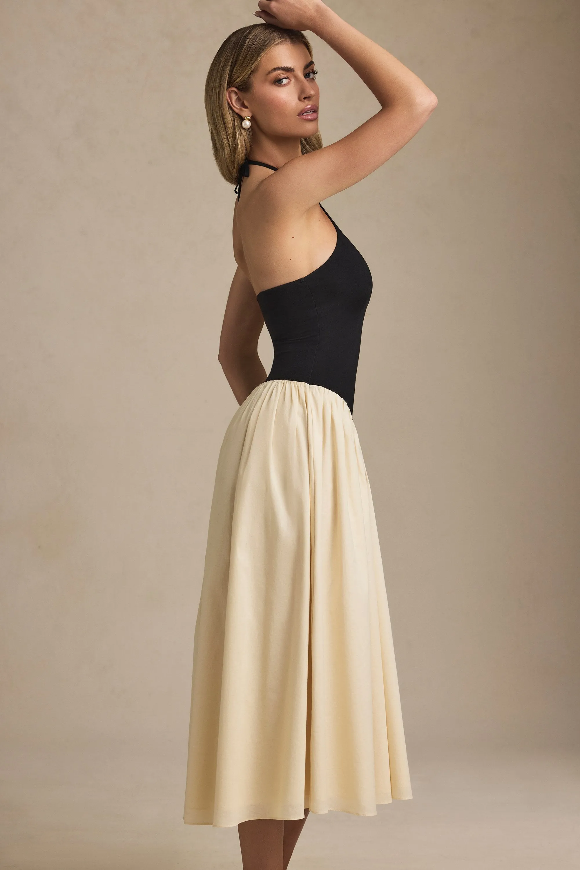 Casual Bottoms Halterneck A-Line Midaxi Dress in Black