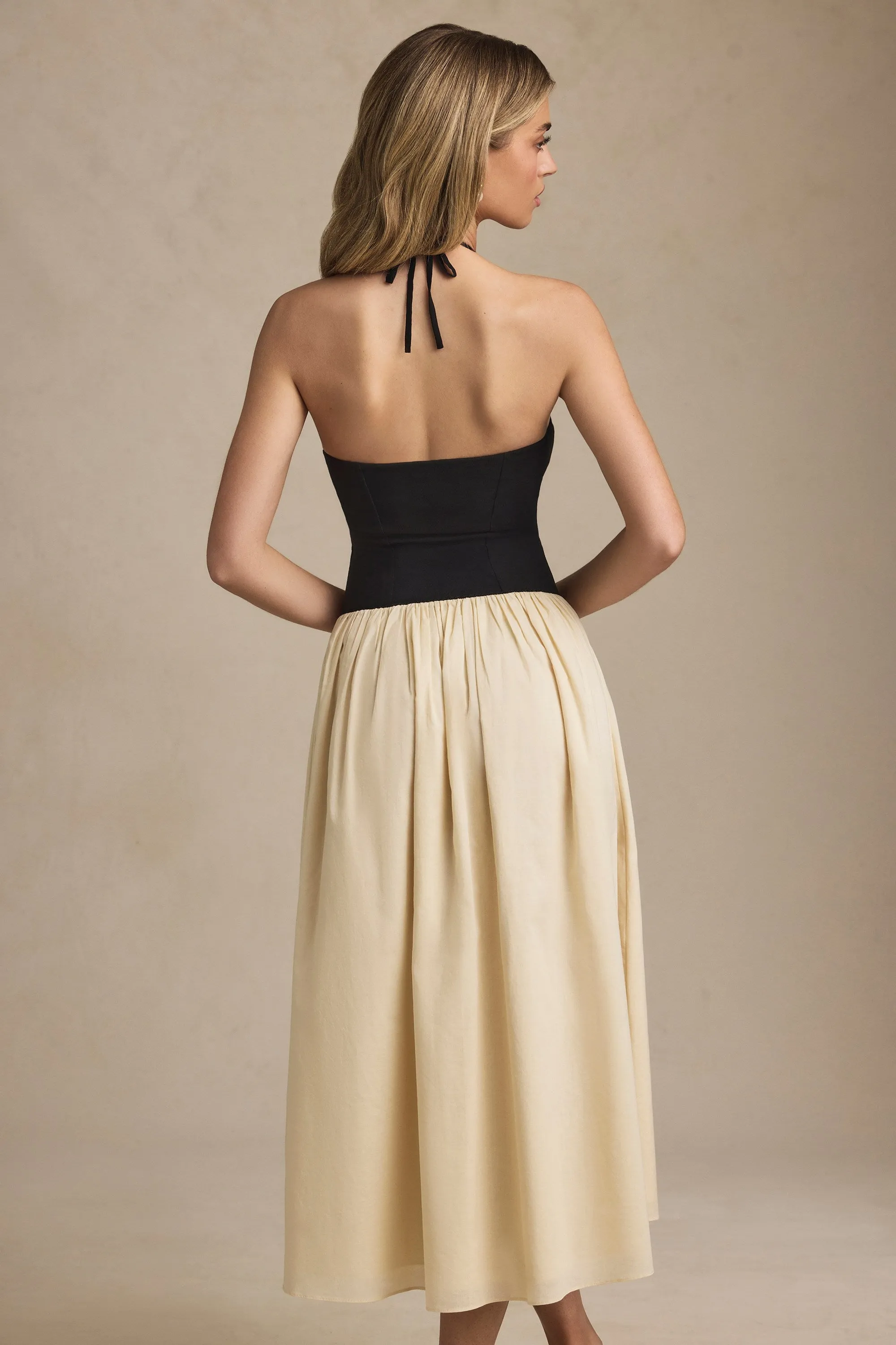 Halterneck A-Line Midaxi Dress in Black Myth Glow CompactWeave