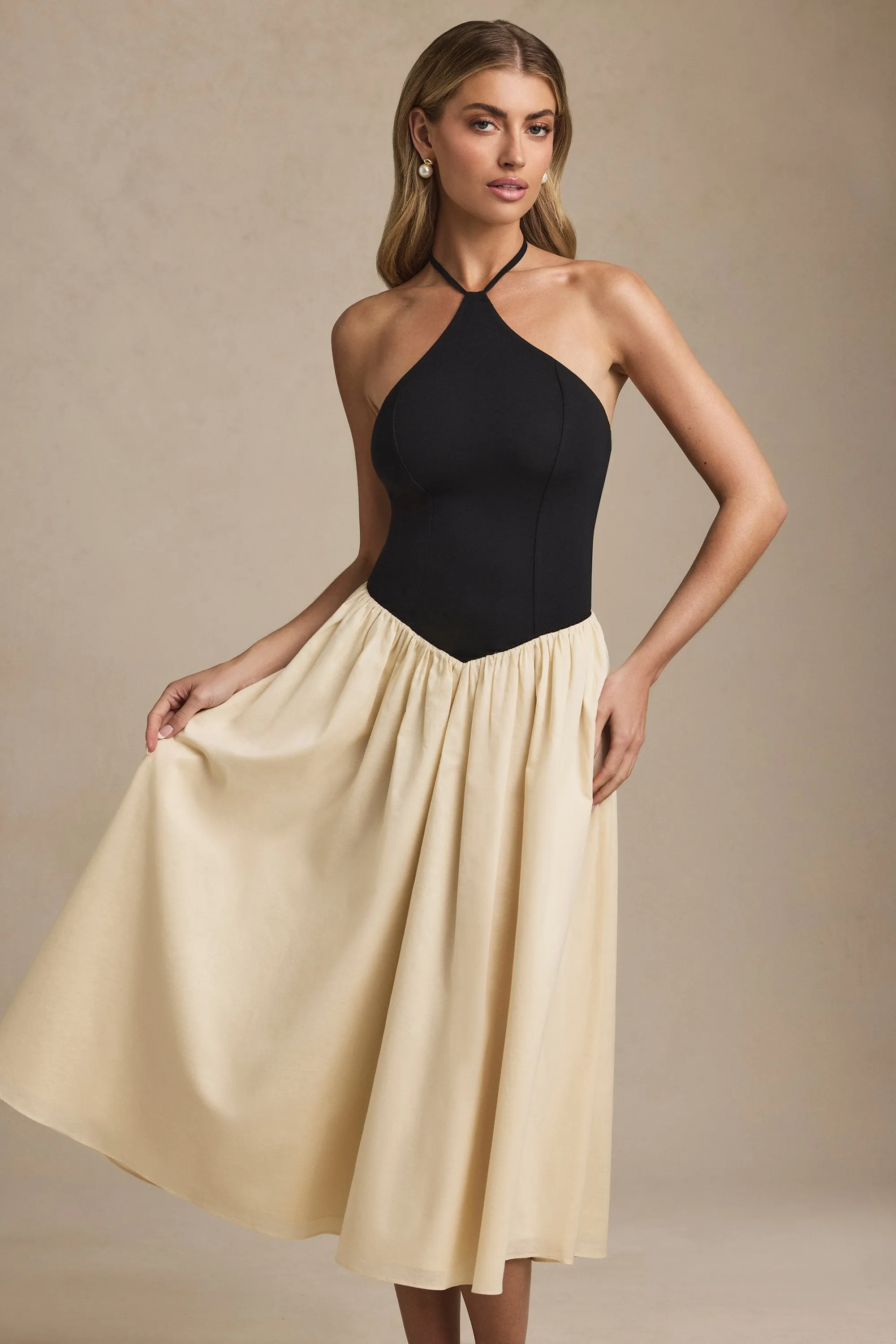 Crown Fit Halterneck A-Line Midaxi Dress in Black