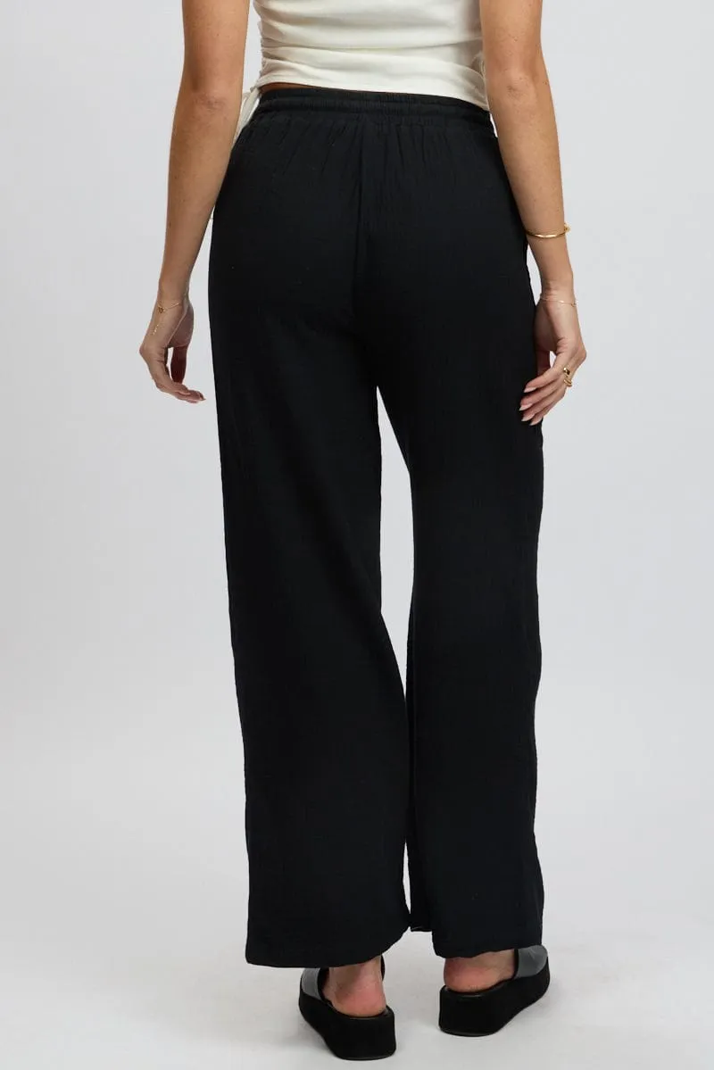 Soft Interior Durable Hem Black Wide Leg Pants Elasticated Waist