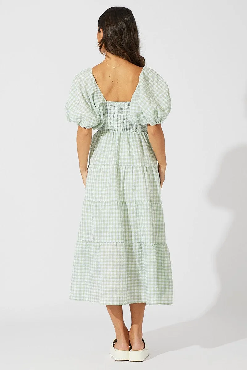 Court Yard Weekend Wear Green Check Midi Dress Short Sleeve Shirred
