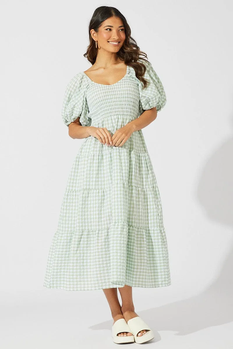 Coffee Break Metal Shine Green Check Midi Dress Short Sleeve Shirred