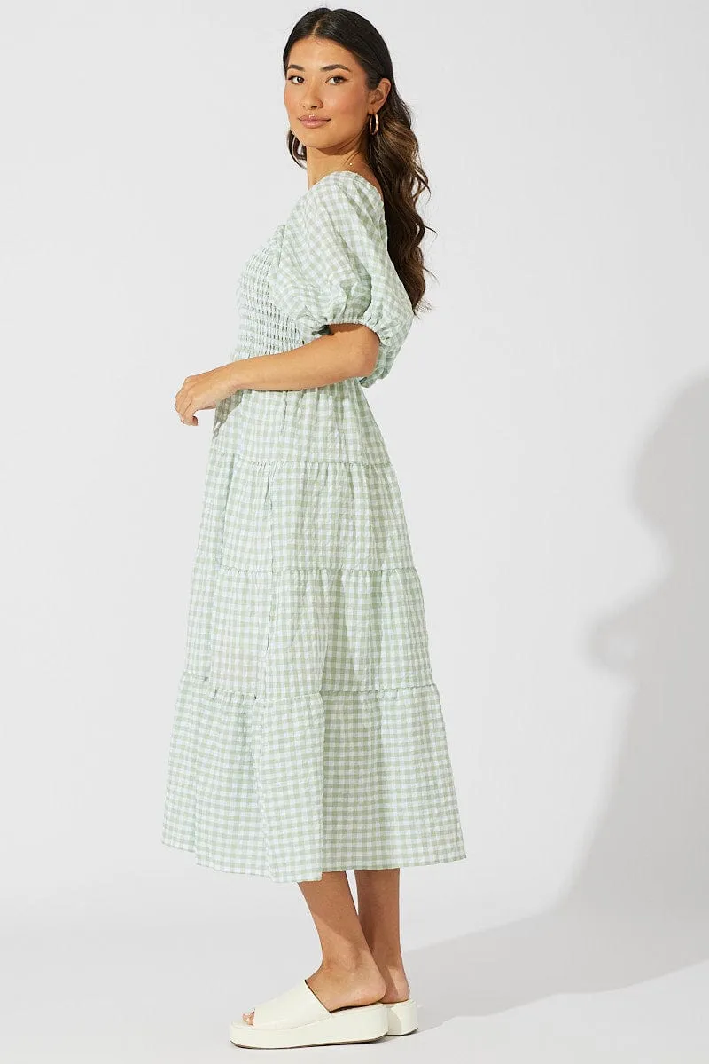 Green Check Midi Dress Short Sleeve Shirred Sleek Fashion Park Bench