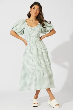 Green Check Midi Dress Short Sleeve Shirred Season Flow