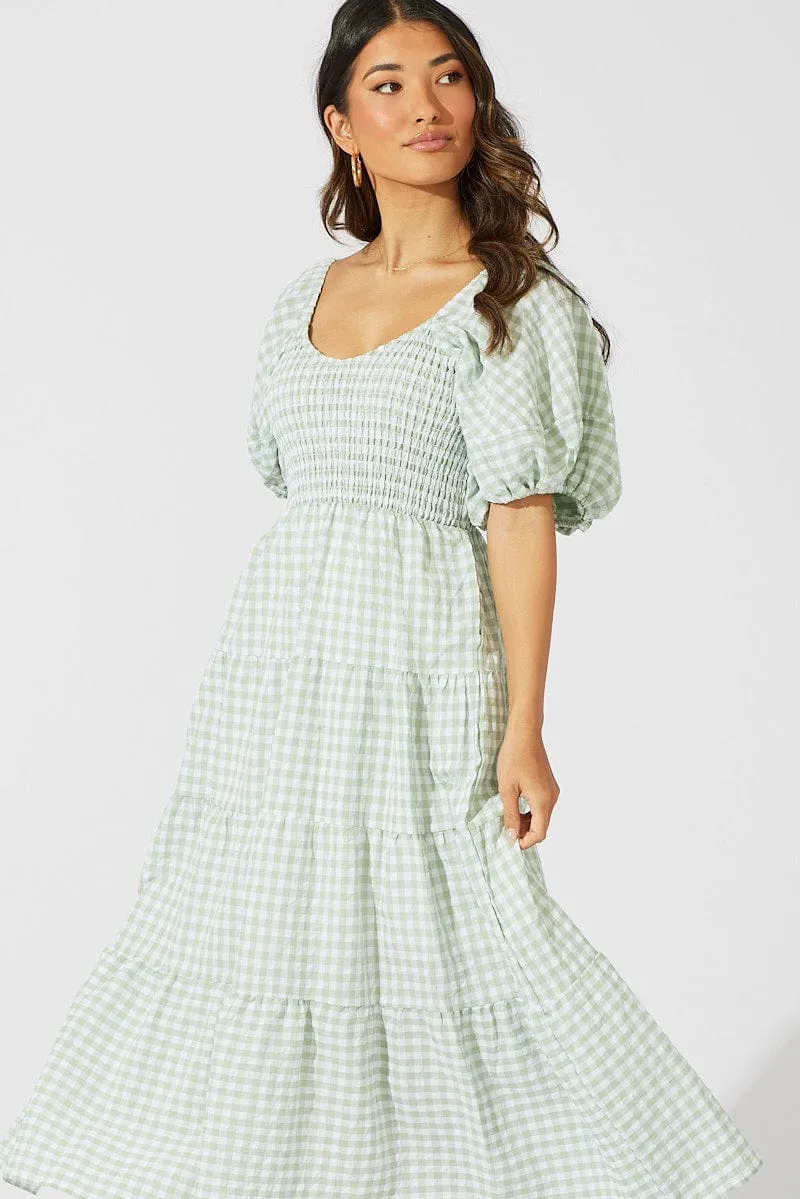 Green Check Midi Dress Short Sleeve Shirred Dinner Date Classic Design
