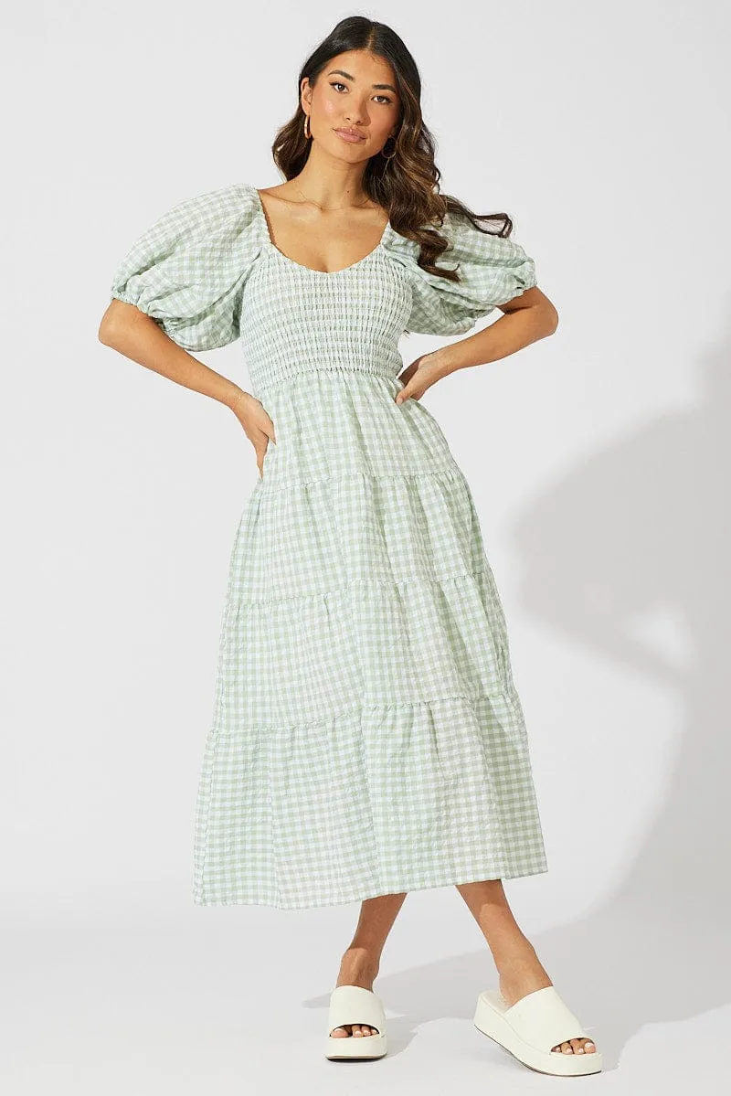 Green Check Midi Dress Short Sleeve Shirred Season Flow