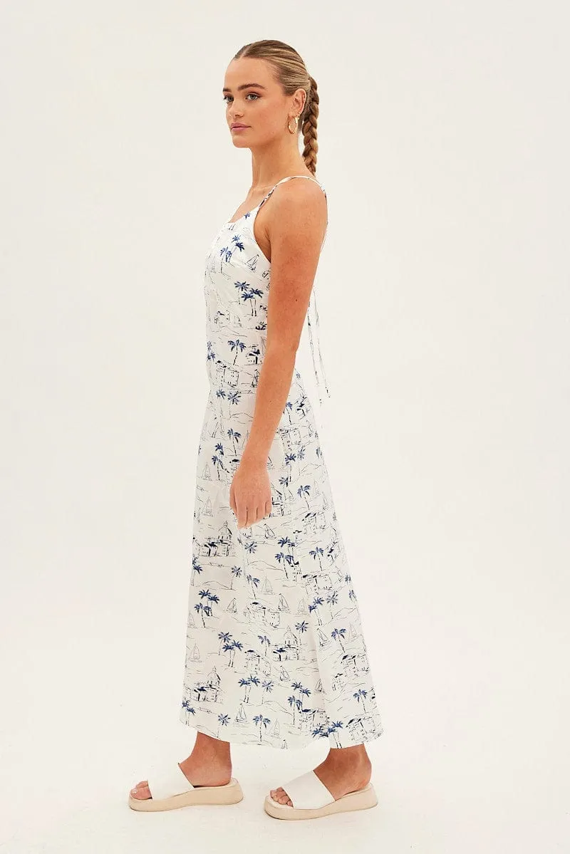 Blue Abstract Midi Dress Sleeveless V Neck Printed Satin Fashion Forward