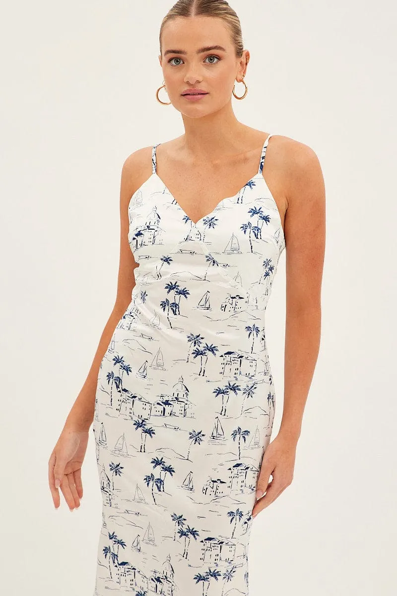 Japanese Neat Blue Abstract Midi Dress Sleeveless V Neck Printed Satin