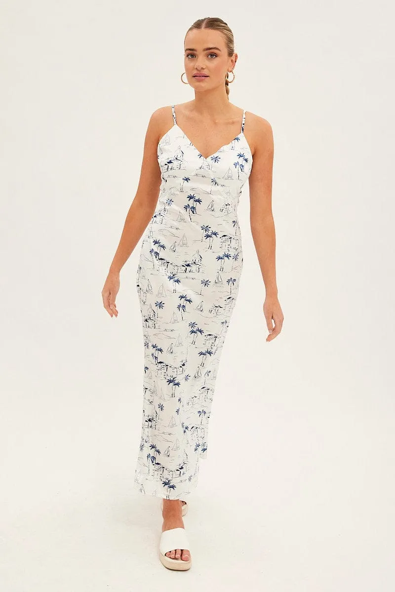 Blue Abstract Midi Dress Sleeveless V Neck Printed Satin Trendy versatile dress