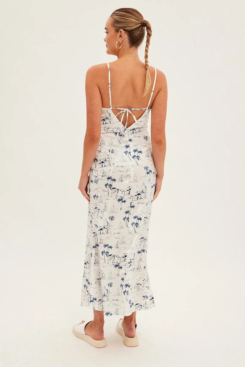 Elegant semi-formal gown Blue Abstract Midi Dress Sleeveless V Neck Printed Satin