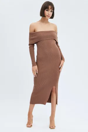 Brown Midi Dress Long Sleeve Off Shoulder Bardot Knit Spring Tone