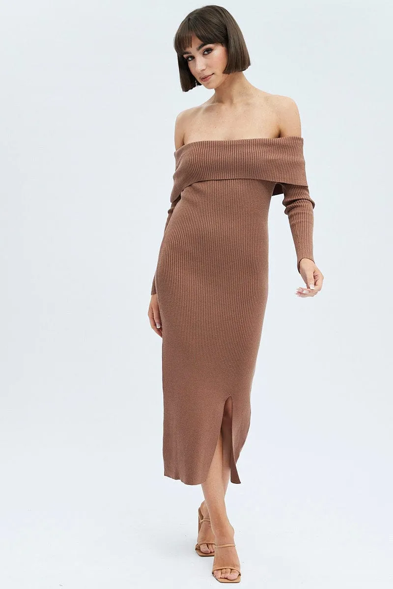 Brown Midi Dress Long Sleeve Off Shoulder Bardot Knit music concert