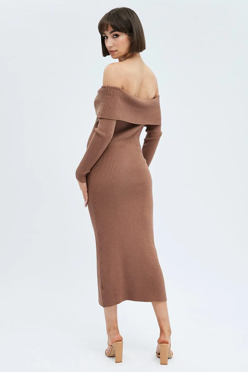 Linen Cool Brown Midi Dress Long Sleeve Off Shoulder Bardot Knit