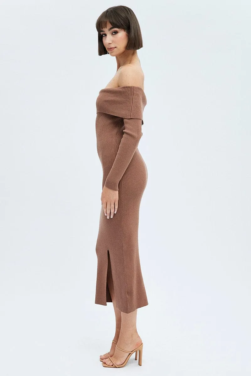 Work Smart Mediterranean Cool Brown Midi Dress Long Sleeve Off Shoulder Bardot Knit