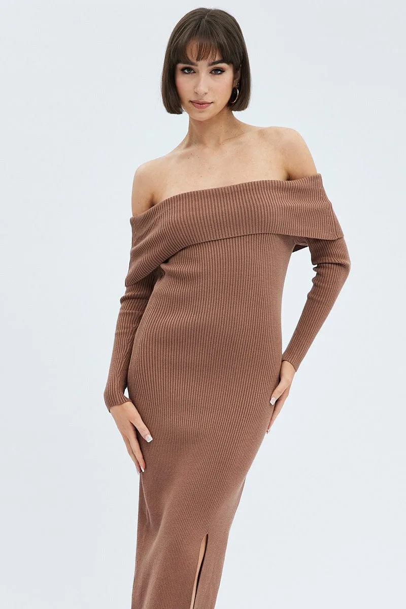 Brown Midi Dress Long Sleeve Off Shoulder Bardot Knit Modern Grace