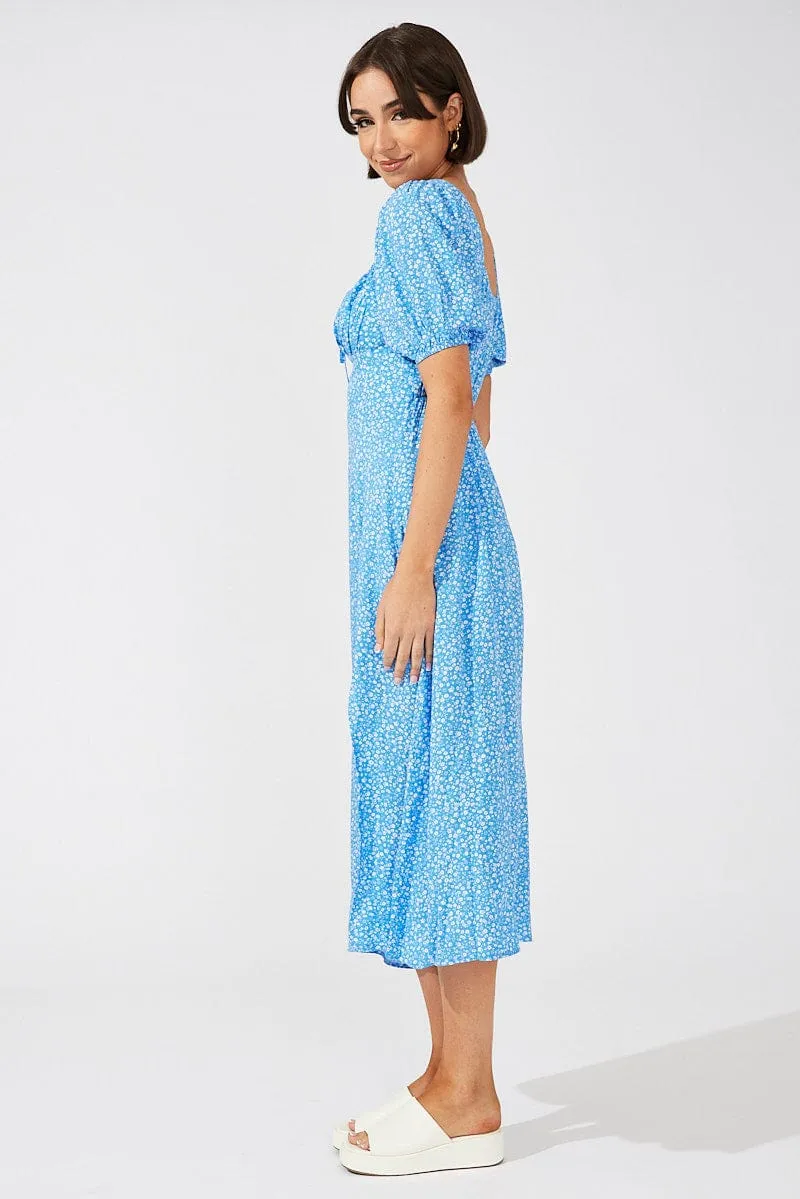 Polished Attire Relaxed Appearance Blue Floral Midi Dress Puff Sleeve Midi