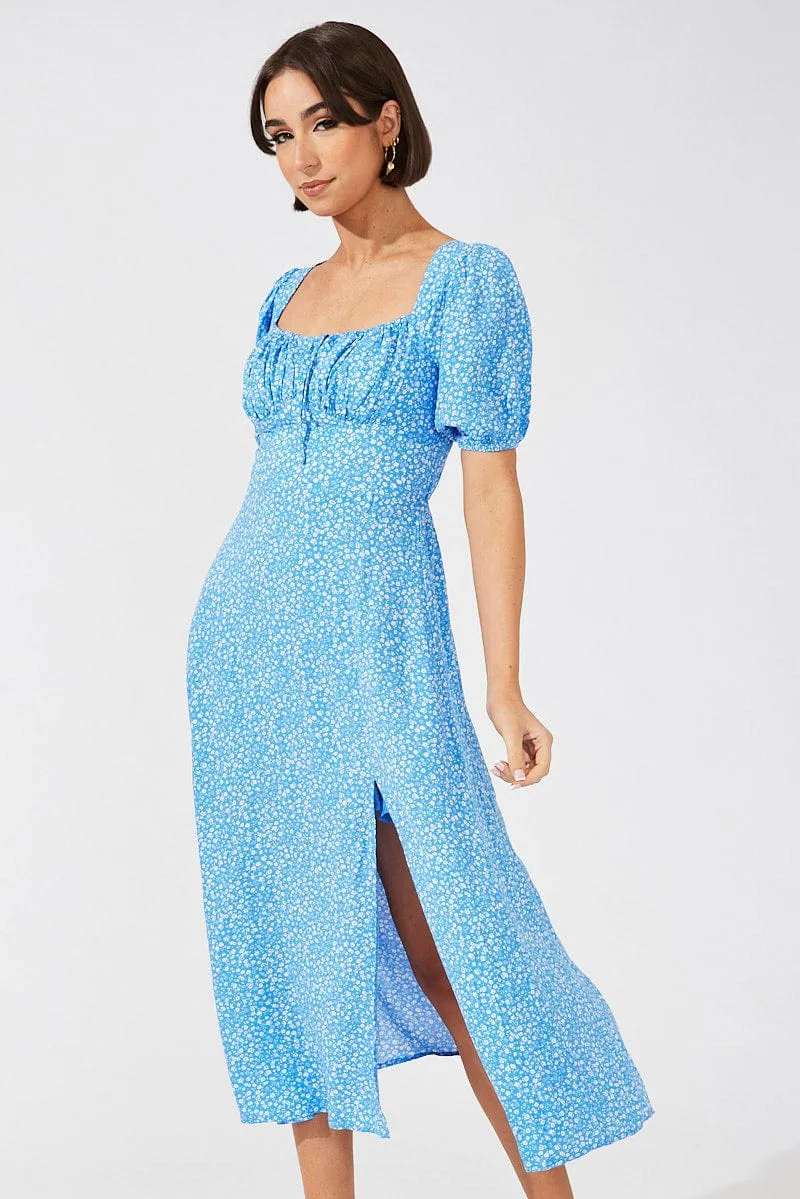 Blue Floral Midi Dress Puff Sleeve Midi Fashionable knee-length piece