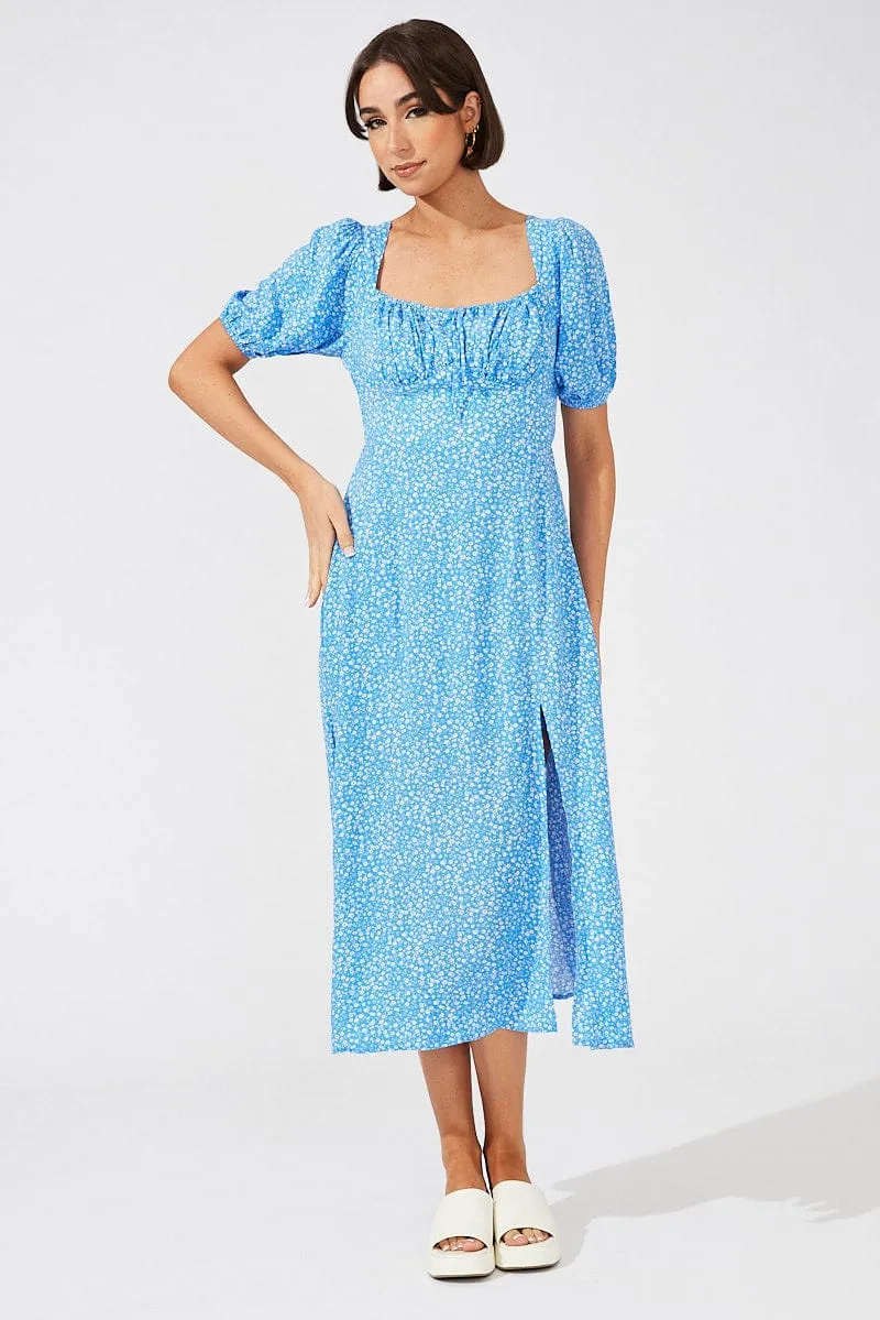Blue Floral Midi Dress Puff Sleeve Midi Port Side Easygoing Outfit