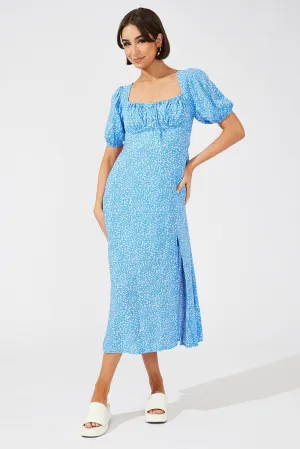 Blue Floral Midi Dress Puff Sleeve Midi Relaxed-fit mid-length dress