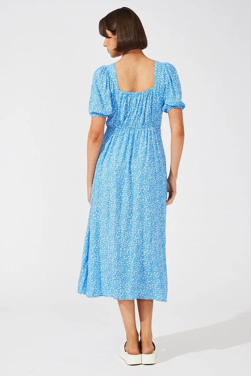 Blue Floral Midi Dress Puff Sleeve Midi Classic silhouette dress