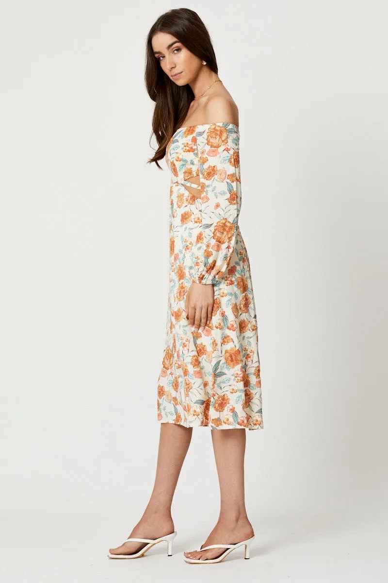 Cloud Light Print Long Sleeve Cut Out Dress