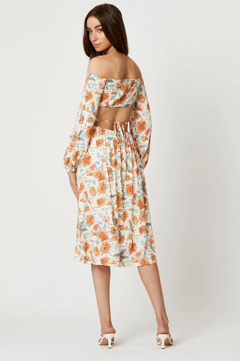 Print Long Sleeve Cut Out Dress Stylish below-the-knee gown