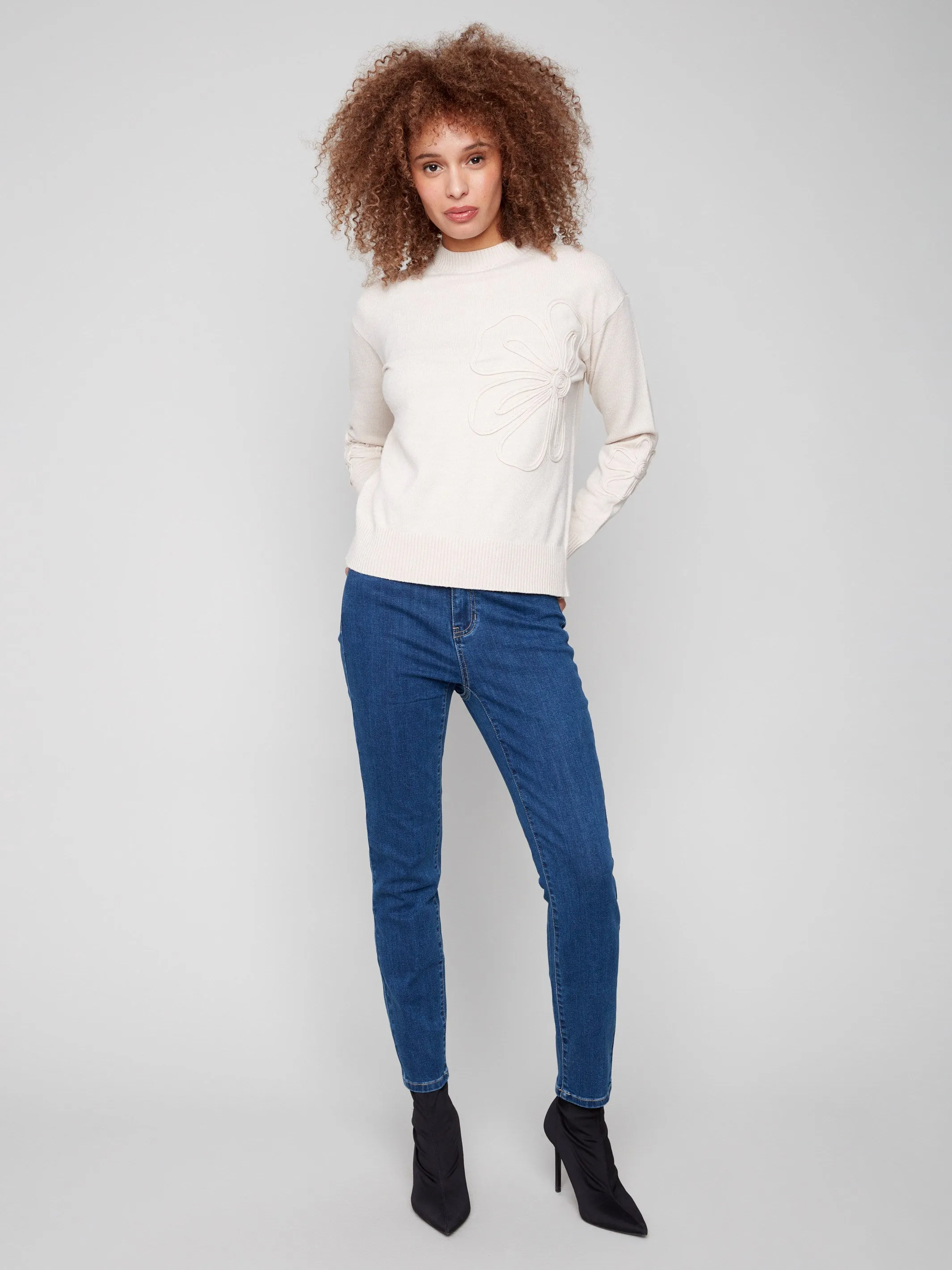 Knit Design Softened Edges Crew Neck Floral Soutache Sweater - Heather Oat