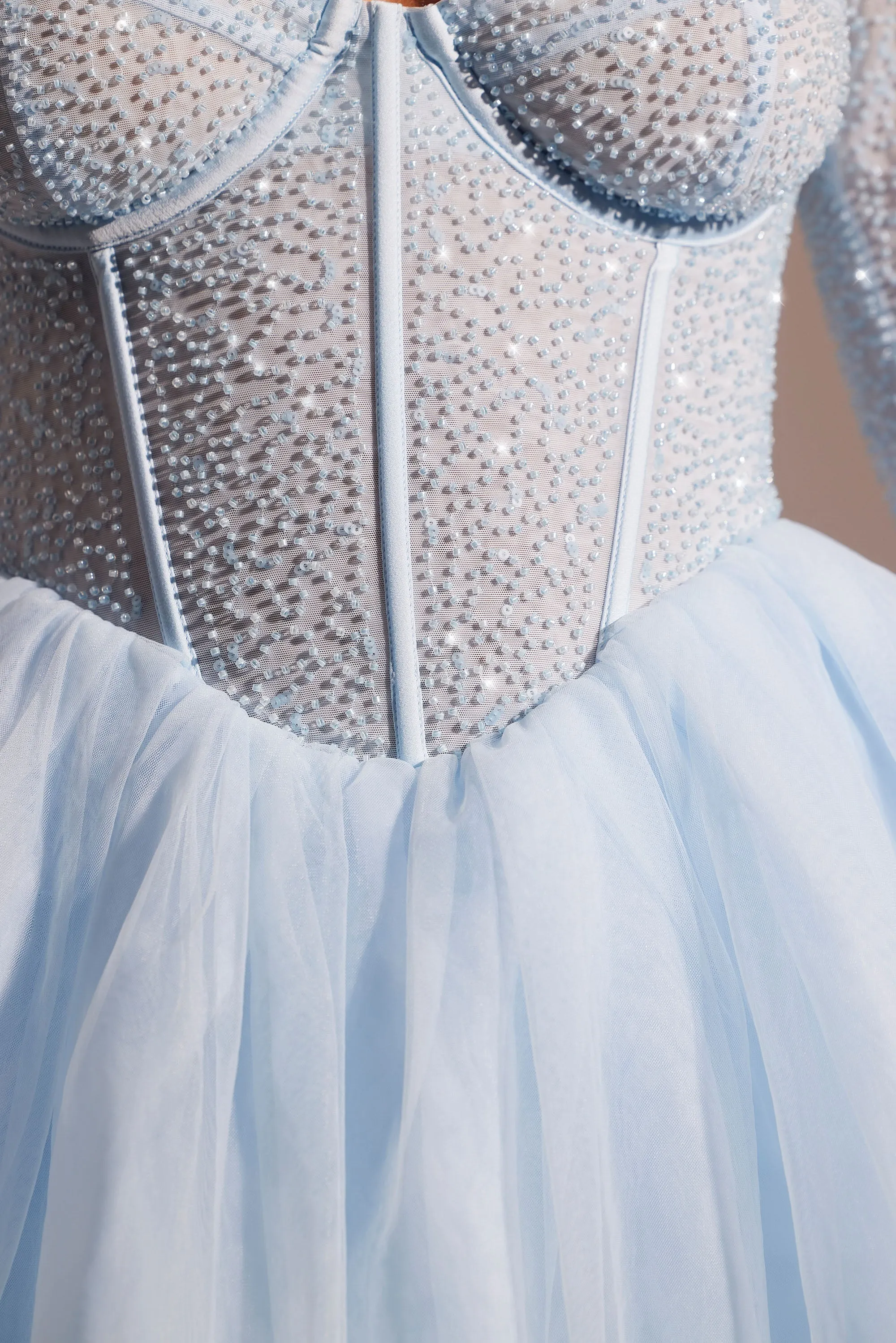Shine Glow Neon Mood Embellished Long Sleeve Tulle Skirt Mini Dress in Blue