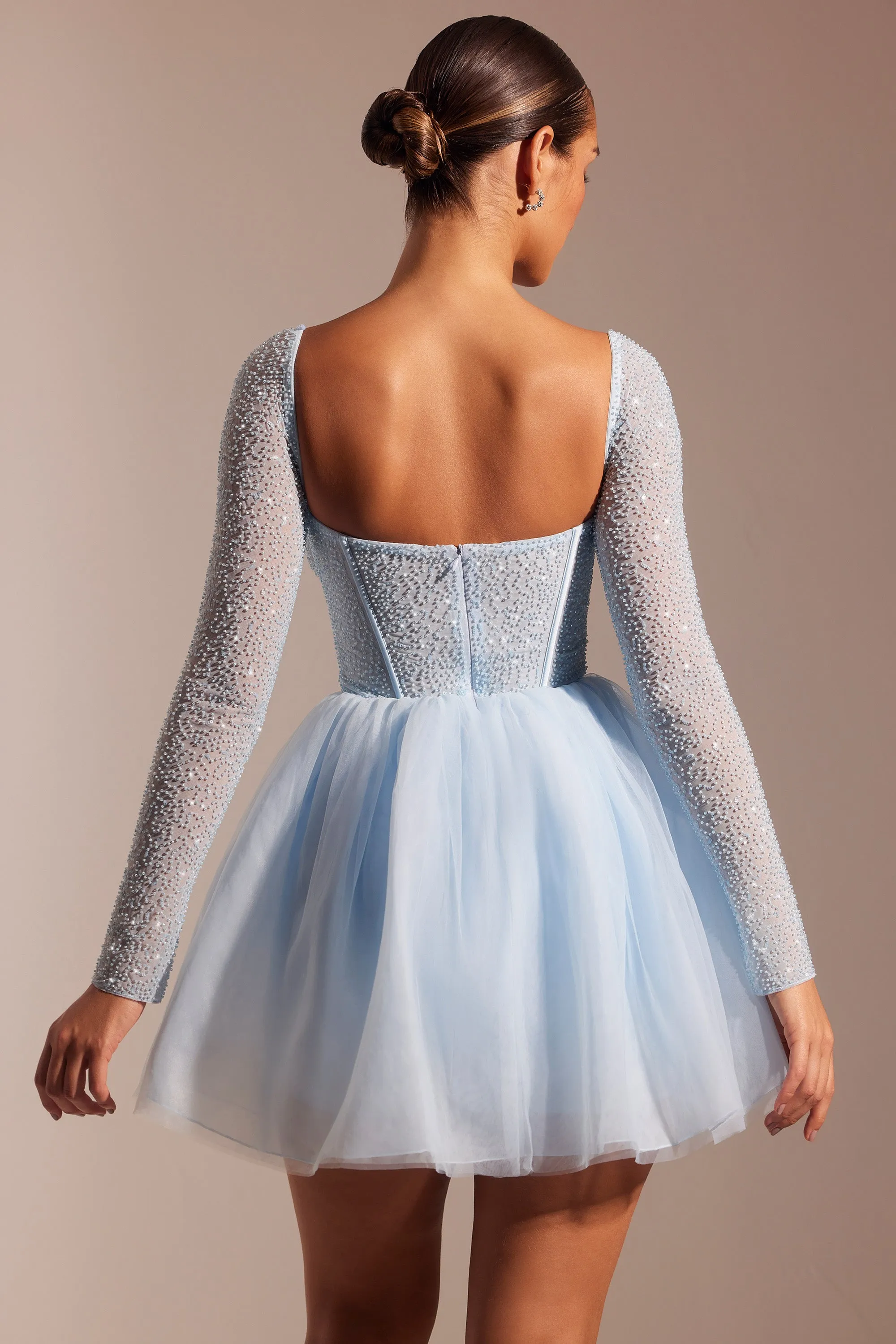 Embellished Long Sleeve Tulle Skirt Mini Dress in Blue Classic casual mini dress