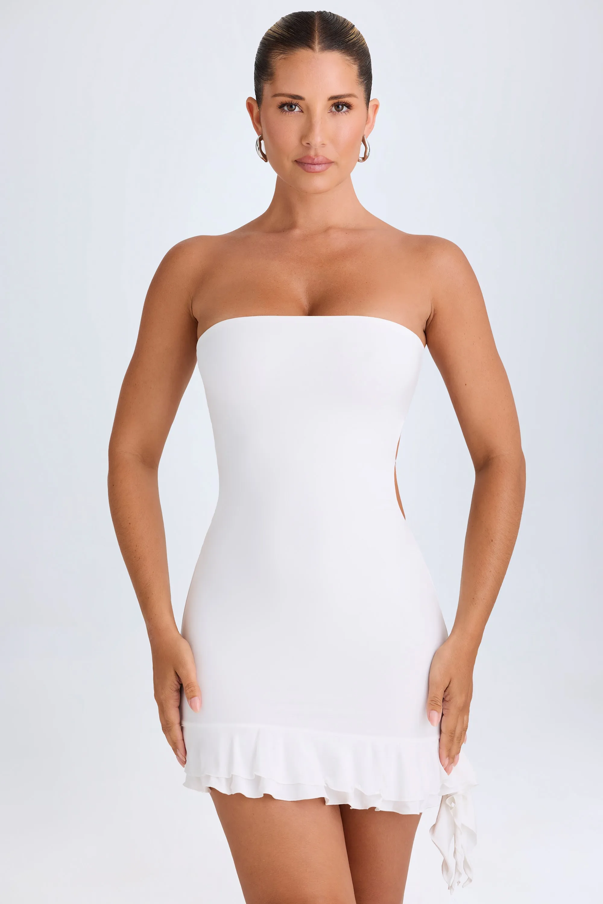 Fun statement mini Ruffle-Trim Cut-Out Bandeau Mini Dress in White