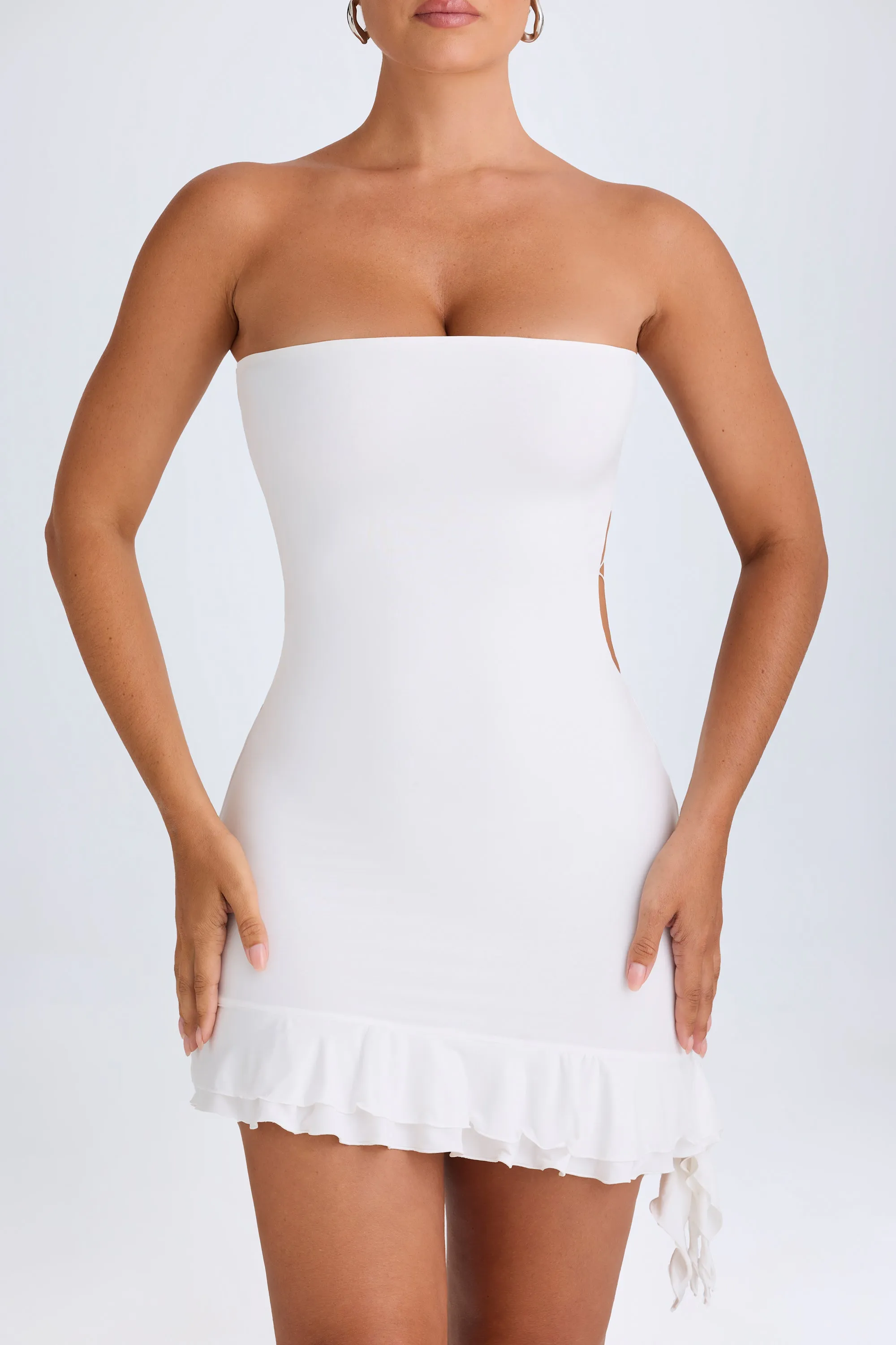 Boho Style Shift Style Ruffle-Trim Cut-Out Bandeau Mini Dress in White