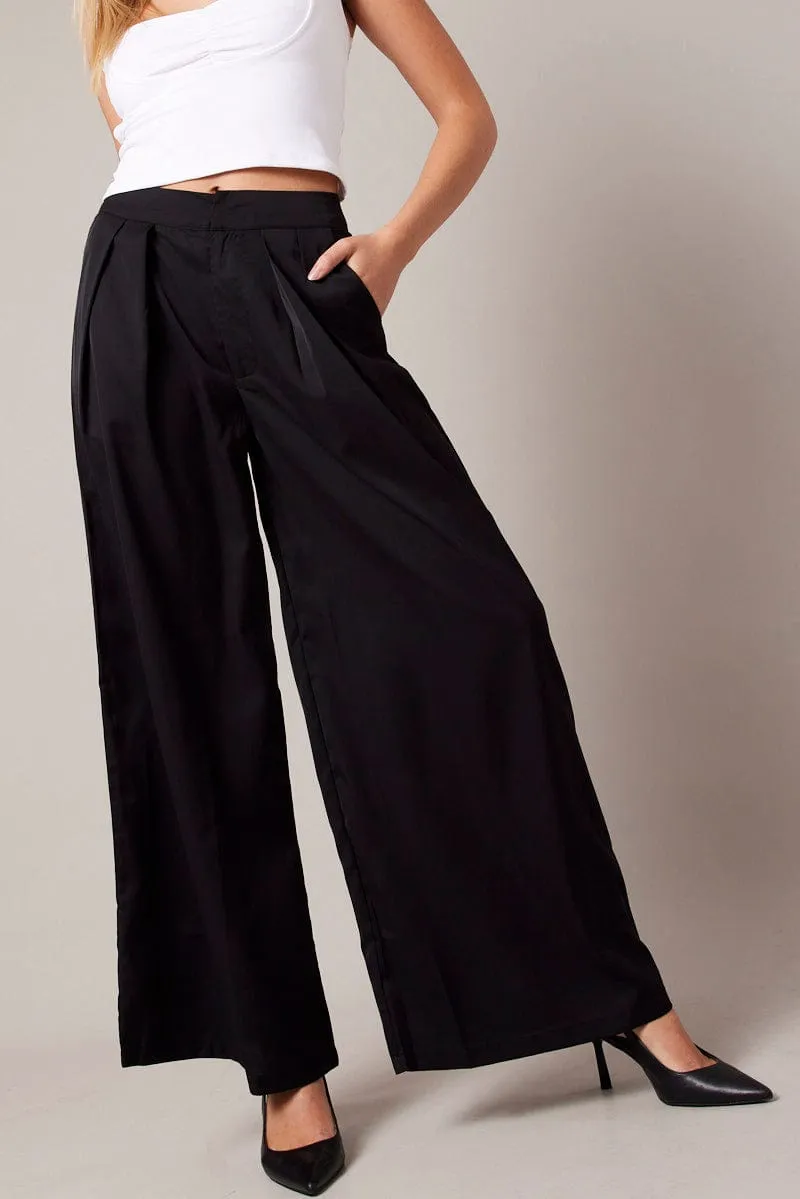 Black Wide Leg Pants High Rise Lightweight Feel Flexible Fabric