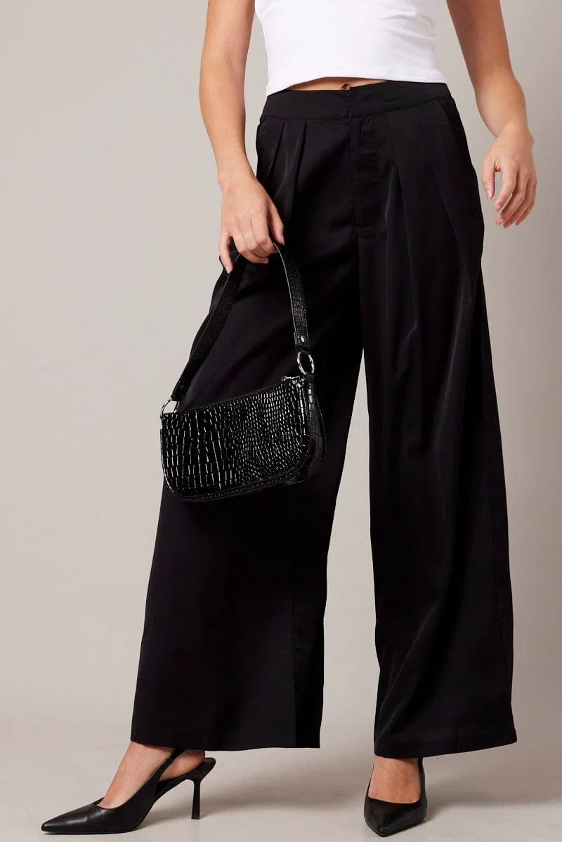 Ventilated Mesh Lining Black Wide Leg Pants High Rise