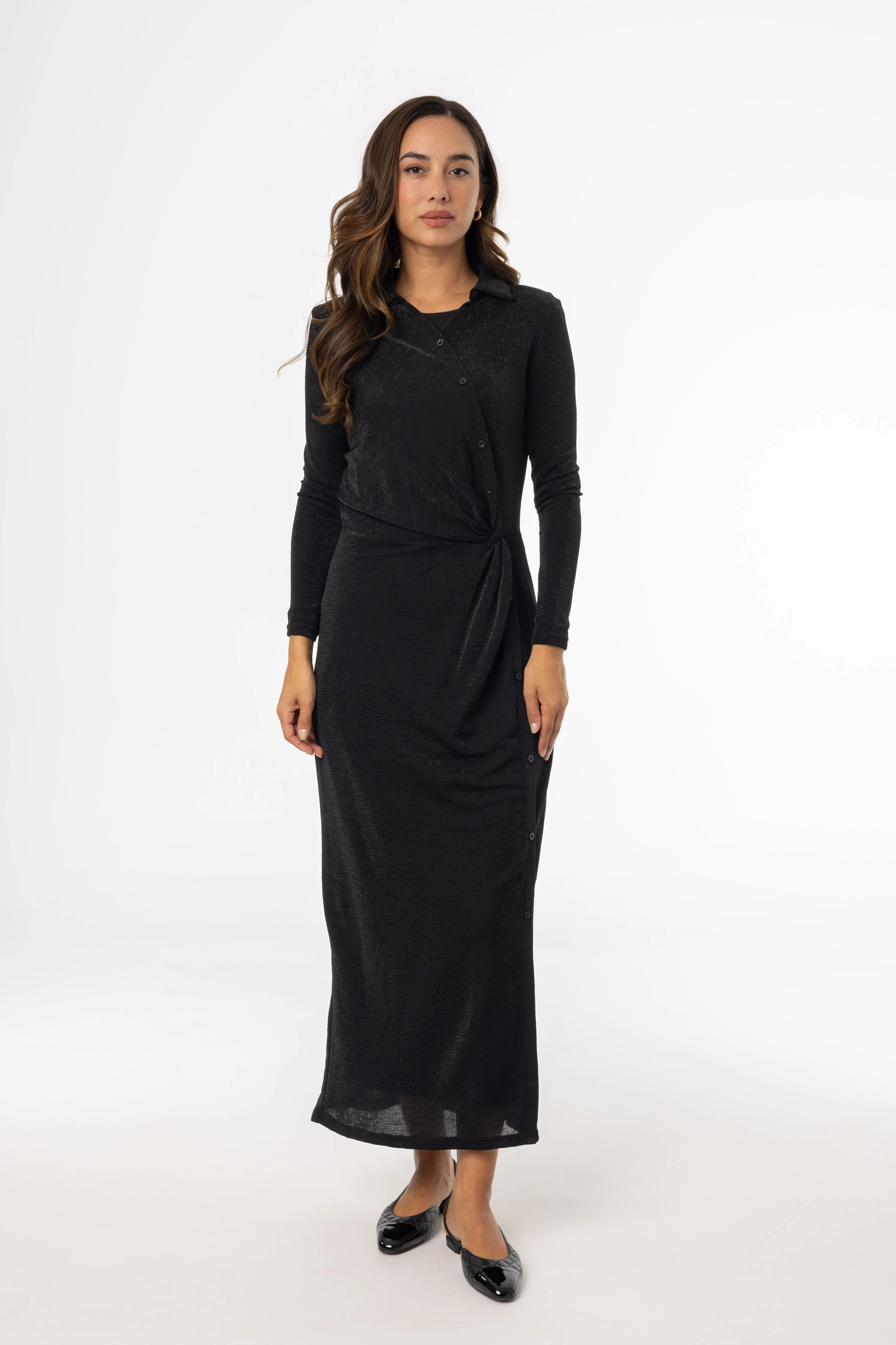 Black Sparkle Side Button Maxi Dress Recycle Glow Flexible Apparel
