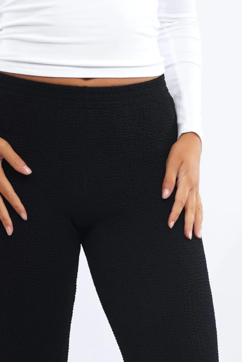 Black Wide Leg Pants Textured Fabric Double Layered Hem