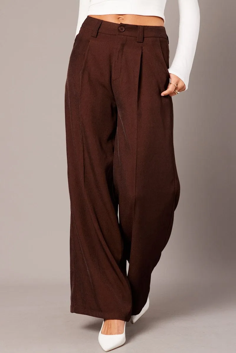 Brown Wide Leg Pants High Rise AntiStaticLining