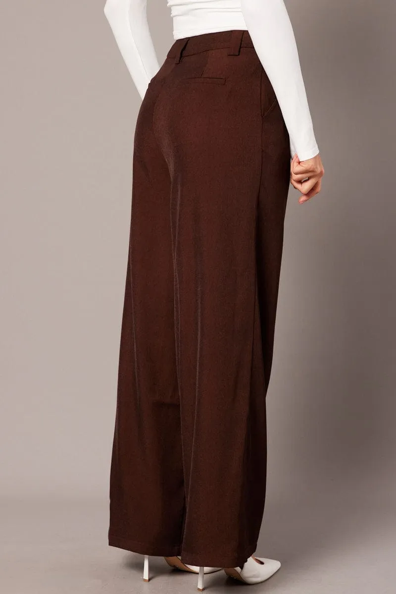 Smooth Fit Lining Air Circulation Brown Wide Leg Pants High Rise
