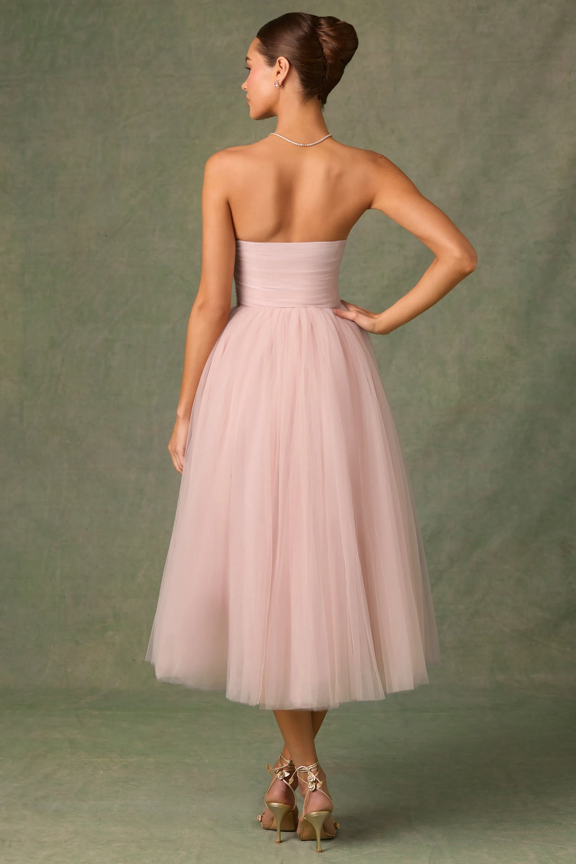 Silver Glow LightweightMaterial Tulle Corset Midaxi Dress in Dusty Rose