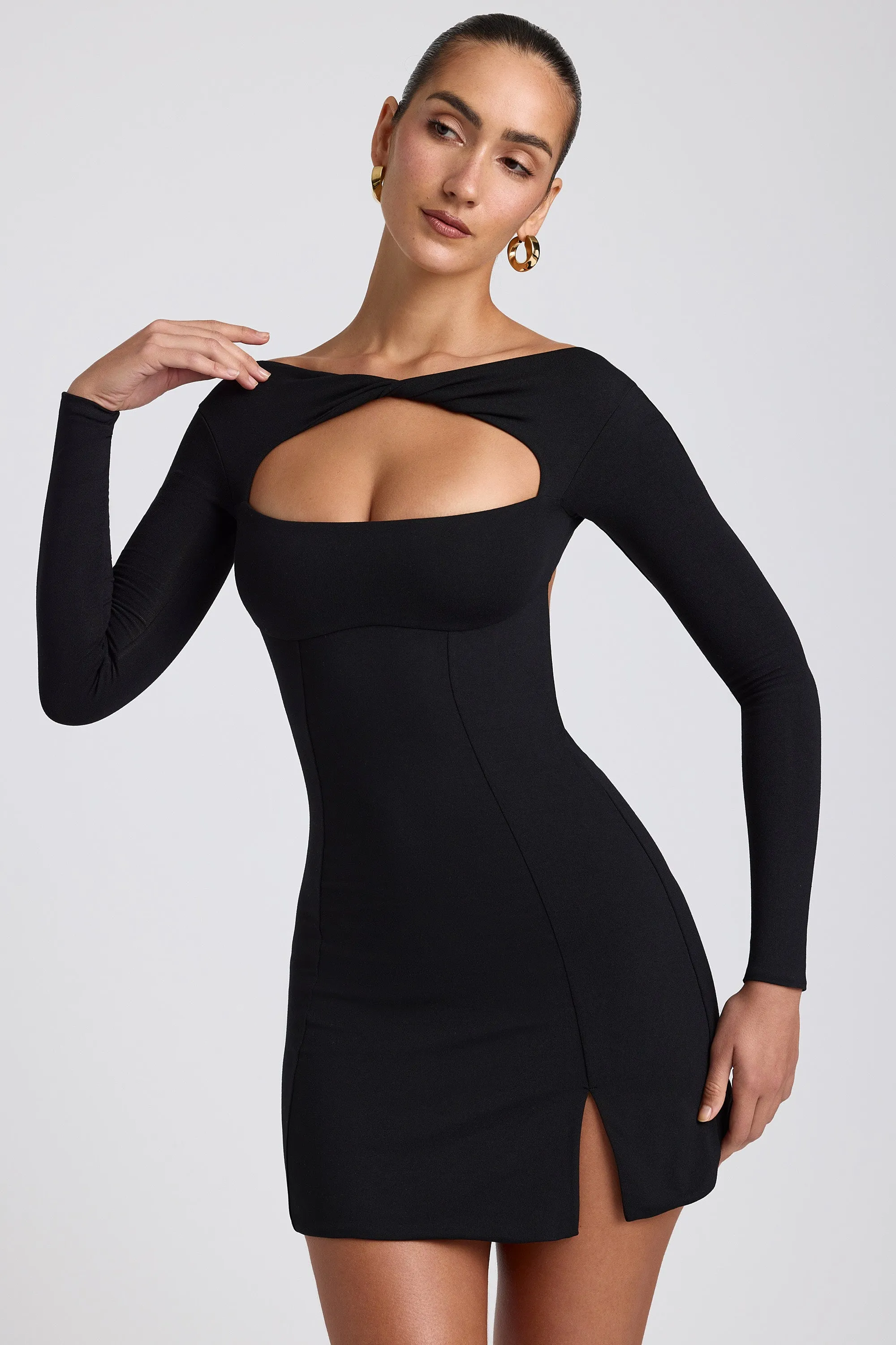 Modal Twist-Front Long-Sleeve Mini Dress in Black Street Ready Look Street Spice