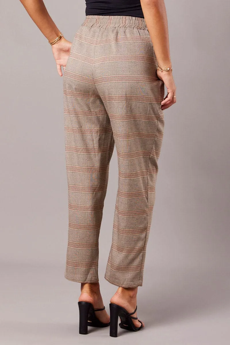 Classic Fit simple design Beige Check Tapered Pants Elasticated Waist Cropped