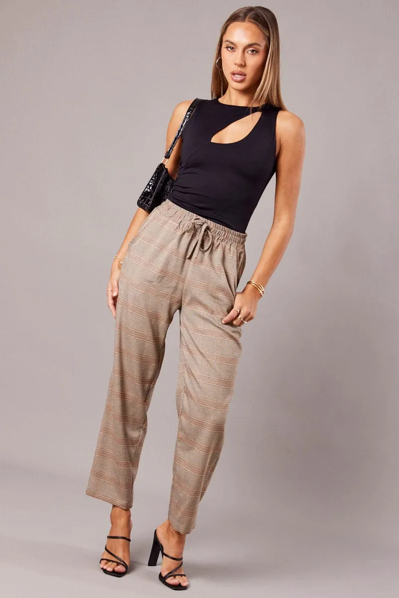 SecureCargoPockets Beige Check Tapered Pants Elasticated Waist Cropped