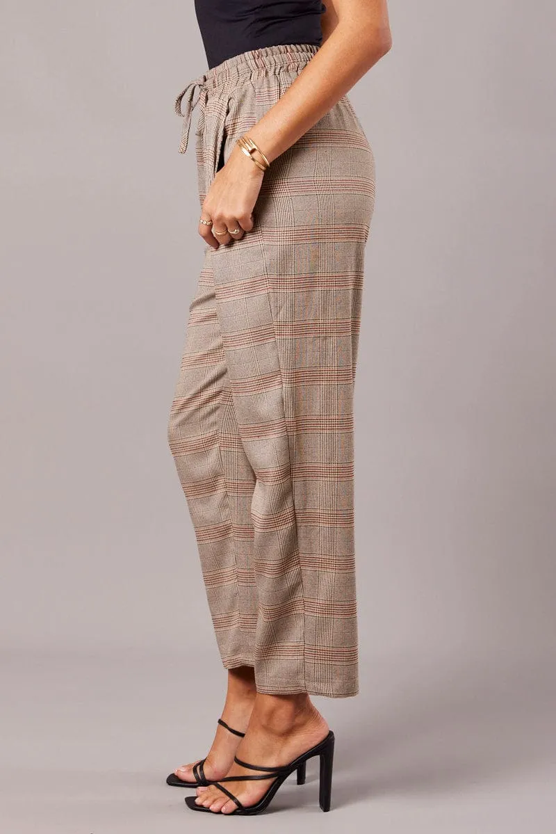 Secure Cuff Design Beige Check Tapered Pants Elasticated Waist Cropped