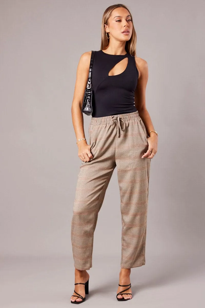 Non Binding Cuffs Chic Look Beige Check Tapered Pants Elasticated Waist Cropped