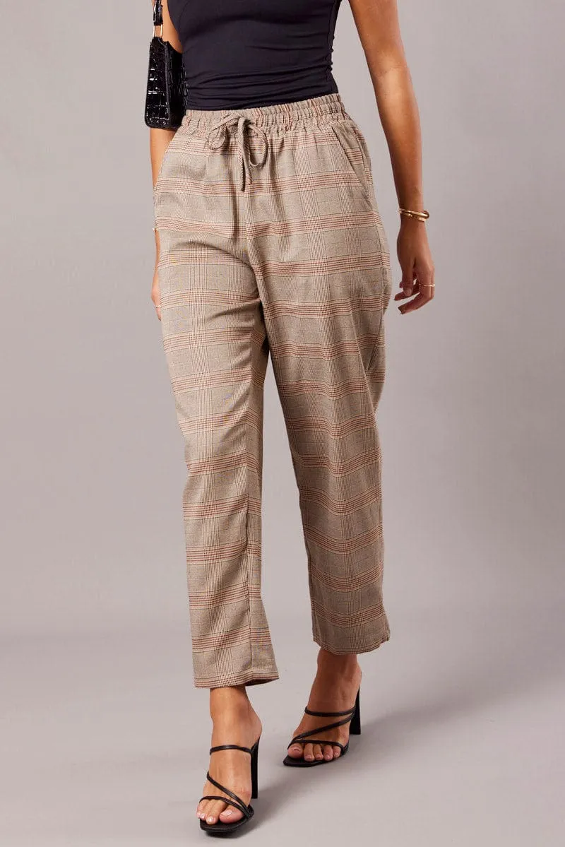 Loose cut Travel Friendly Beige Check Tapered Pants Elasticated Waist Cropped
