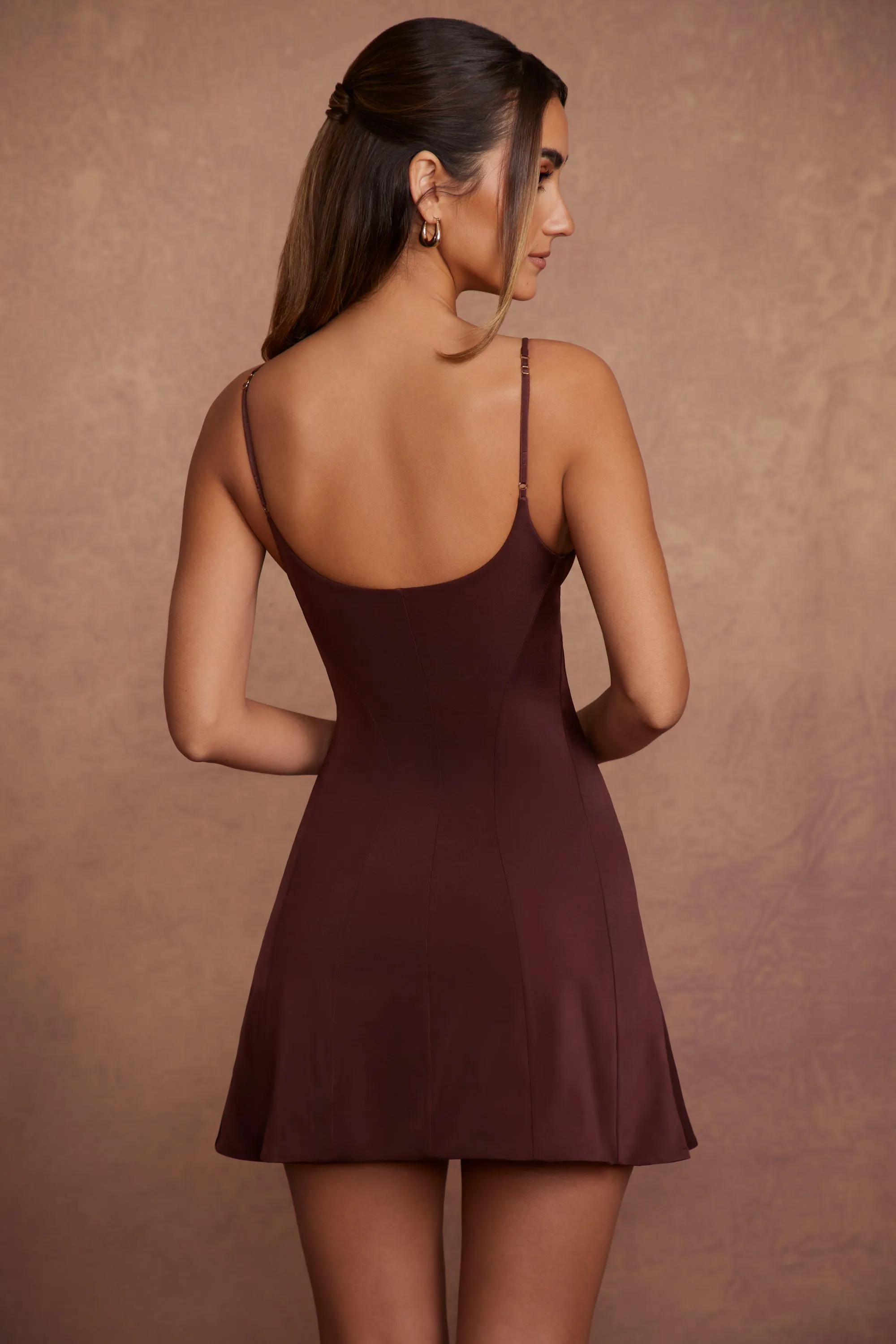 Hidden Pocket Design Foldable Design Triangle Cup A-Line Mini Dress in Brown